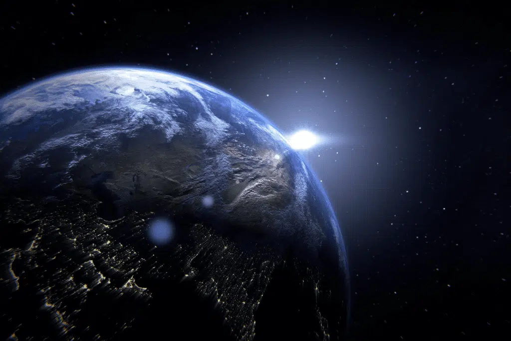 A stunning view of Earth from space, symbolizing the planet's natural geothermal energy for sustainable heating and cooling.