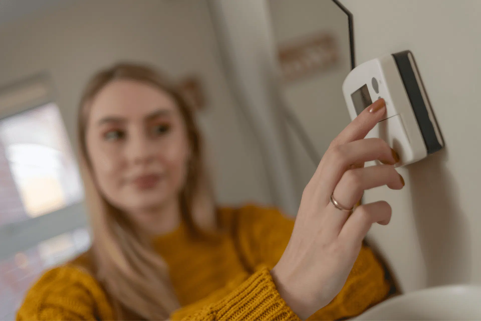 girl changing the thermostat in house