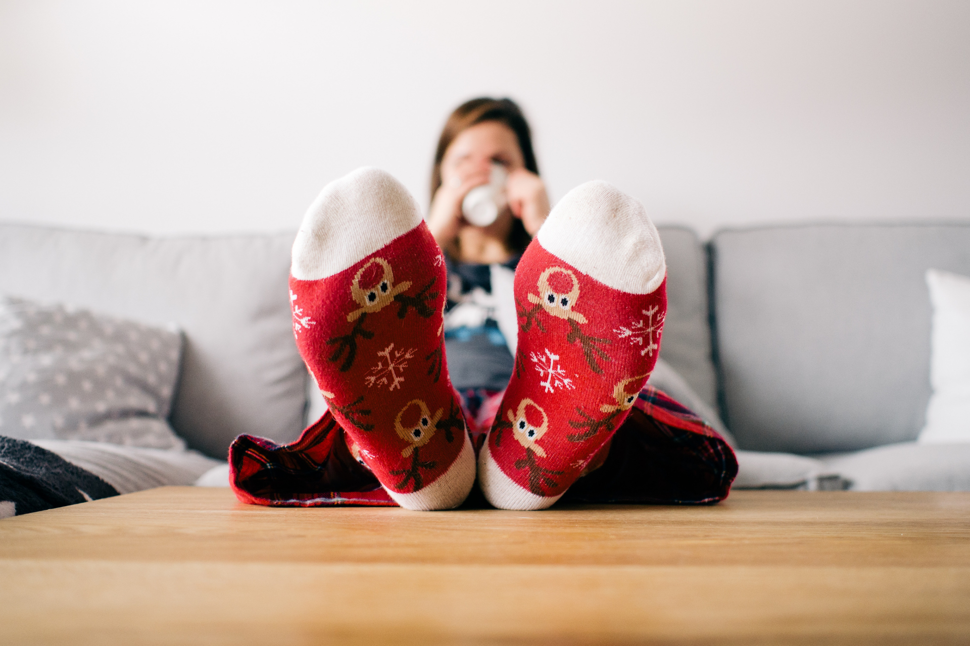woman wearing warm red socks in winter