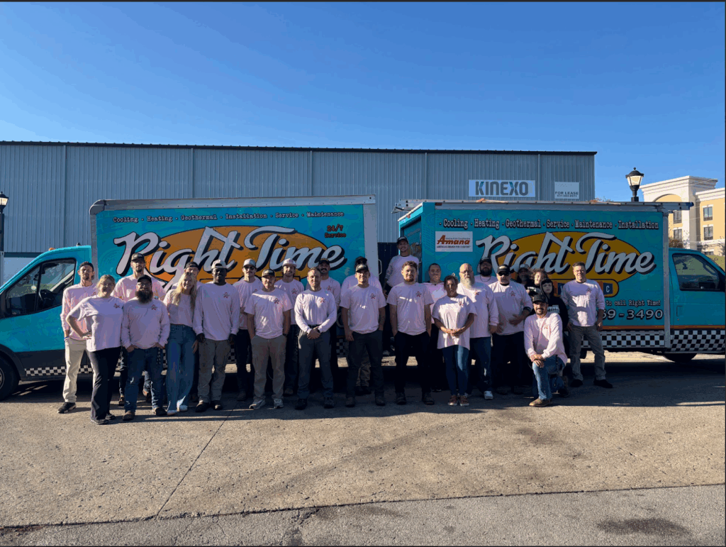 Right Time HVAC team standing in front of company service vans outside their Brentwood facility, ready to provide reliable heating and cooling services.