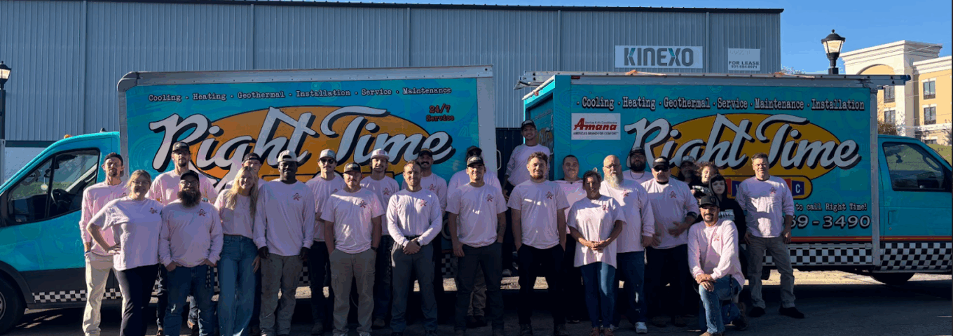 Right Time HVAC team standing in front of company service vans outside their Brentwood facility, ready to provide reliable heating and cooling services.