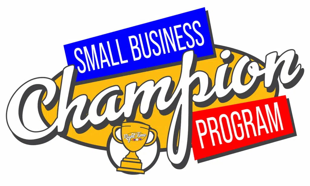 Small Business Champion Program logo featuring a trophy and bold text highlighting support for local businesses.