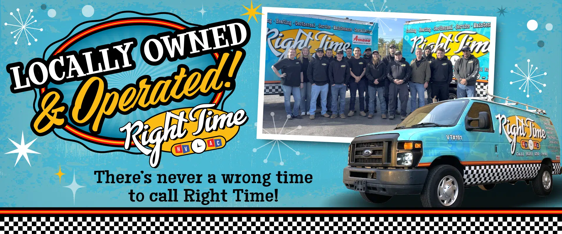 Promotional banner for Right Time HVAC featuring a staff photo, a branded service van, and retro starburst designs on a blue background.