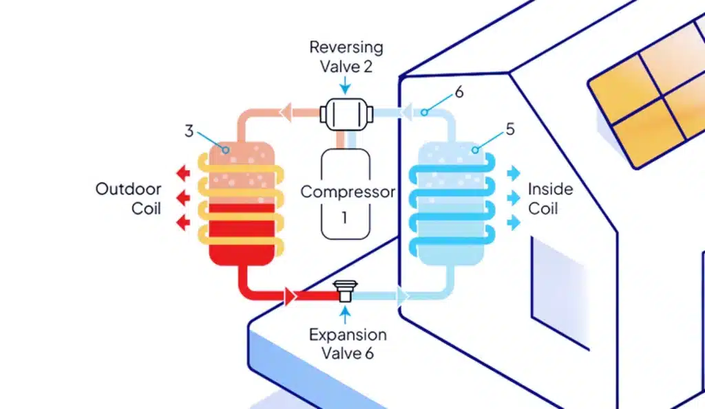 A technical diagram showing the cooling cycle of a heat pump, illustrating the flow of refrigerant between an outdoor coil, a compressor, an expansion valve, and an indoor coil.