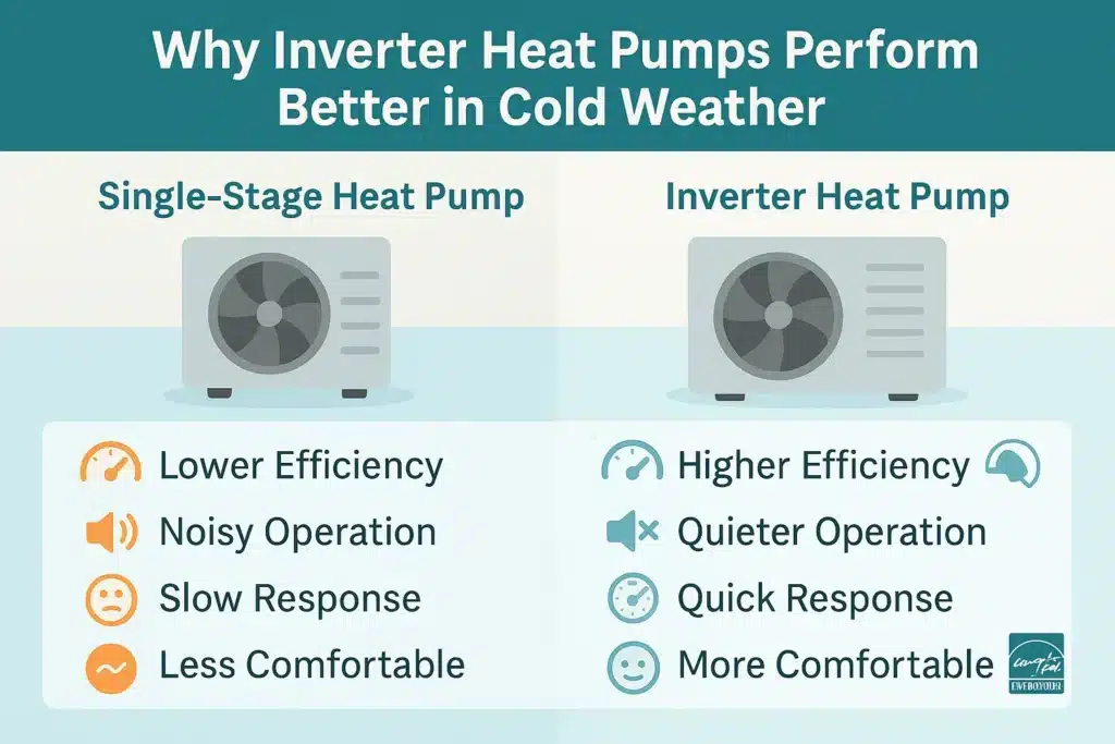 Infographic comparing Single-Stage and Inverter Heat Pumps, highlighting that inverters offer higher efficiency, quieter operation, quicker response, and better comfort in cold weather.