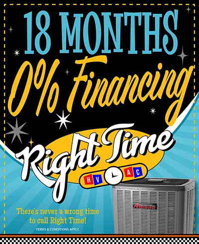 A promotional graphic for Right Time HVAC offering 18 months of 0% financing. The design features retro starbursts, the company logo, and an Amana outdoor air conditioning unit.